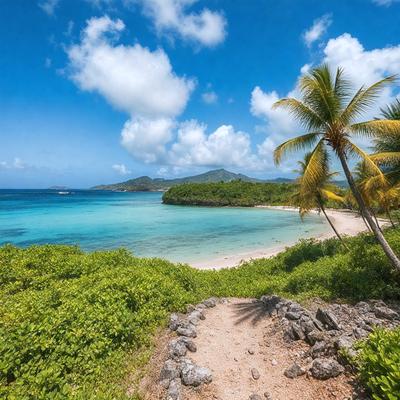 The image features a beautiful beach scene with a clear blue ocean and a sandy shore. The primary subject is a palm tree, which is prominently visible in the foreground. The setting is a tropical island, with a mountainous background and a clear blue sky. The visual style is a photo, capturing the natural beauty of the beach and the palm tree. The colors and mood are vibrant and serene, with the blue ocean and palm tree creating a relaxing and inviting atmosphere.